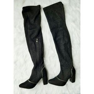 Black Glitter Thigh High Heeled Boots